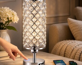 Crystal Table Lamp, Chrome Touch Control with USB-C Charging Port, DL-8101