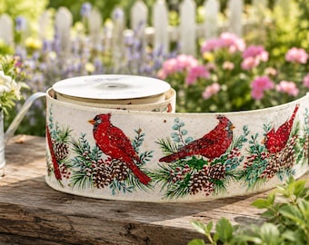 Red Cardinal Pinecone Christmas Ribbon, Rustic Winter Woodland Glitter Accents (10 Yards) WR 63-5225