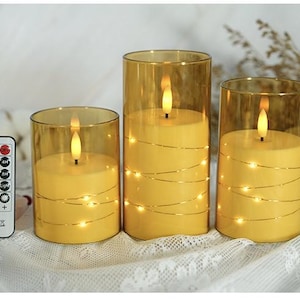 CS-7304 Flameless LED candle with String Star Lights and Remote Control Timer. 3 pc packed, color : Gold