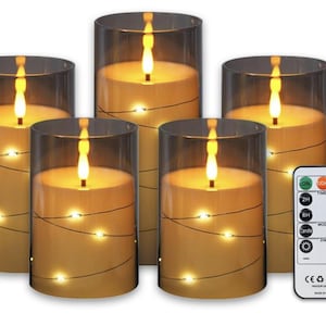 CS-7303 Flameless LED candle with String Star Lights and Remote Control Timer. 5 pc packed, color : Grey