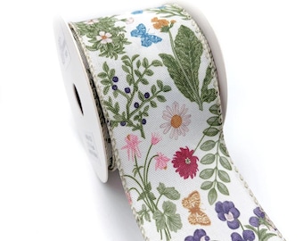 Botanical Wildflower Wired Ribbon 2.5 Inch x 10 Yards – Spring Floral  Butterfly Print on White Fabric  WR 63-5231