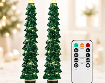 Flameless Set of 2 Green Pine Tree Candles, Fairy String Lights, Remote Control Timer CS-7502