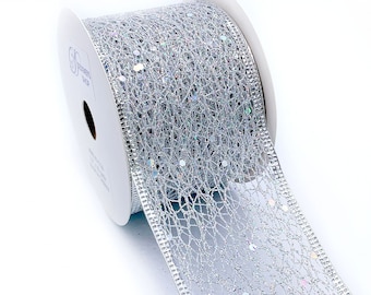 WR 63-5116  2.5” x 10 yard  Holiday Metallic Silver Sparking Glitter Mesh wired edge ribbons
