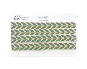 Jacquard Woven Sage Green Leaf Trim with Gold Thread Line, 1" x 5 Yards Decorative Fabric Ribbon JR 787 DIY sewing crafting