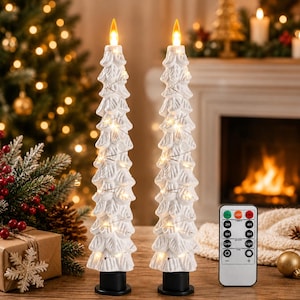 Flameless White Ceramic Christmas Tree LED Candles with Fairy Lights & Remote Timer, 10" Tall, Set of 2, CS-7501