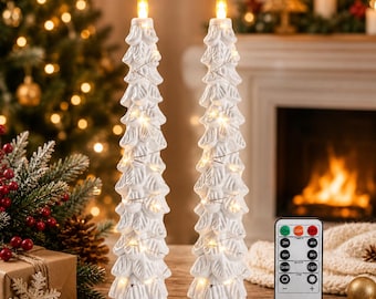 Flameless White Ceramic Christmas Tree LED Candles with Fairy Lights & Remote Timer, 10" Tall, Set of 2, CS-7501