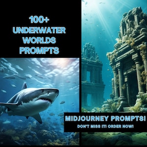 Puede incluir: Una ilustración digital de un mundo submarino con un gran tiburón blanco nadando a través de un arrecife de coral y una estructura de templo de piedra en el fondo. El texto "100+ UNDERWATER WORLDS PROMPTS" y "MIDJOURNEY PROMPTS! DON'T MISS IT! ORDER NOW!" se muestra en la imagen.