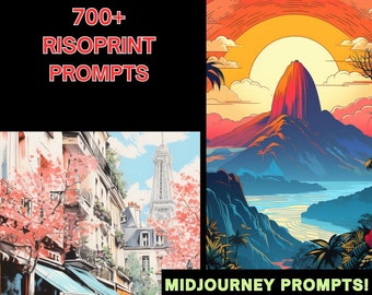 May include: A collage of two images. The left image shows a street scene in Paris with a pink cherry blossom tree, a cafe, and the Eiffel Tower in the background. The right image shows a colorful mountain landscape with a sunset sky and a large red mountain in the foreground. The text "700+ RISOPRINT PROMPTS" is in red on a black background at the top of the image. The text "MIDJOURNEY PROMPTS! DON'T MISS IT! ORDER NOW!" is in green on a white background at the bottom of the image.