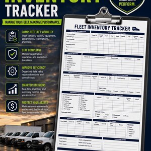 Könnte beinhalten: Eine Flotteninventar-Tracker-Vorlage auf einem Klemmbrett mit Abschnitten für Unternehmensinformationen, Fahrzeugbestand, Zulassung, Versicherung, Ausrüstung und Anschaffungen im Hochformat für eine professionelle Verwaltung.