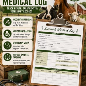 May include: A clipboard holding a Livestock Medical Log form with sections for animal information, field information, and vaccination records. The document features green headers and text, including the title Livestock Medical Log.