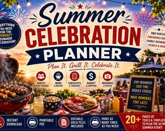 Summer Celebration Bundle | BBQ Party and Fireworks Viewing Planner | Printable Party Organizer | Editable PDF & DOCX | Instant Download