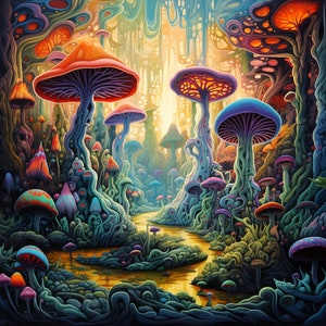 Op de afbeelding: Een psychedelische illustratie van een bos vol kleurrijke paddenstoelen. De paddenstoelen zijn van verschillende vormen en maten, sommige hebben een gloeiend effect. De bosbodem is bedekt met groen mos en wijnstokken.