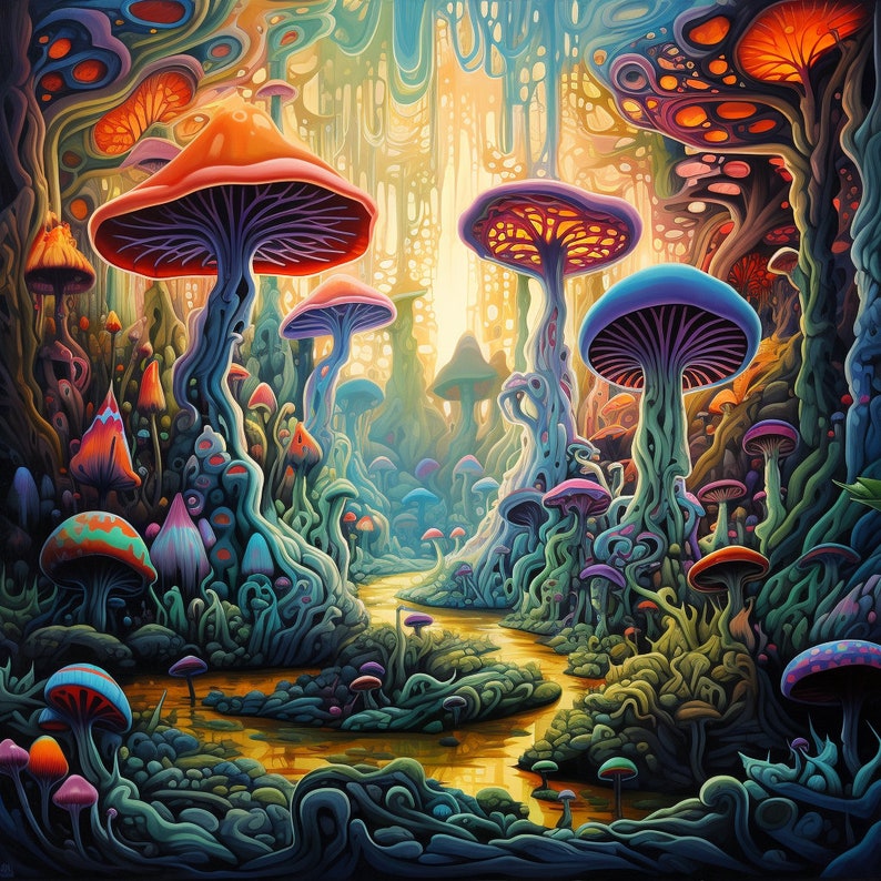 Op de afbeelding: Een psychedelische illustratie van een bos vol kleurrijke paddenstoelen. De paddenstoelen zijn van verschillende vormen en maten, sommige hebben een gloeiend effect. De bosbodem is bedekt met groen mos en wijnstokken.