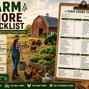 May include: A farm chore checklist printed on a clipboard, featuring sections for livestock, garden, and equipment maintenance. The document includes columns for tasks, completion status, and notes, with a header titled Farm Chore Checklist.