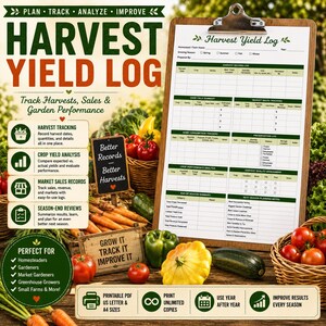 Puede incluir: Un formulario imprimible Harvest Yield Log en un portapapeles de madera. El documento incluye secciones para registros de cosecha, análisis de rendimiento, ventas, consumo y conservación. Presenta texto en verde y blanco y cuadrículas.