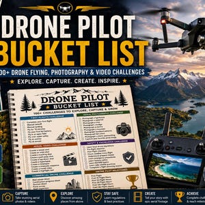 Peut inclure: Une liste de défis pour pilote de drone à reliure spirale comprenant plus de 100 missions de vol, de photographie et de vidéo. Le document présente des sections pour les premiers vols, la photographie aérienne, la vidéo, la sécurité et les jalons.