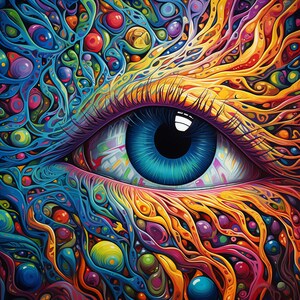 Op de afbeelding: Een kleurrijk abstract schilderij met een groot blauw oog in het midden. Het oog wordt omringd door draaiende patronen in geel, oranje, rood, groen en blauw.