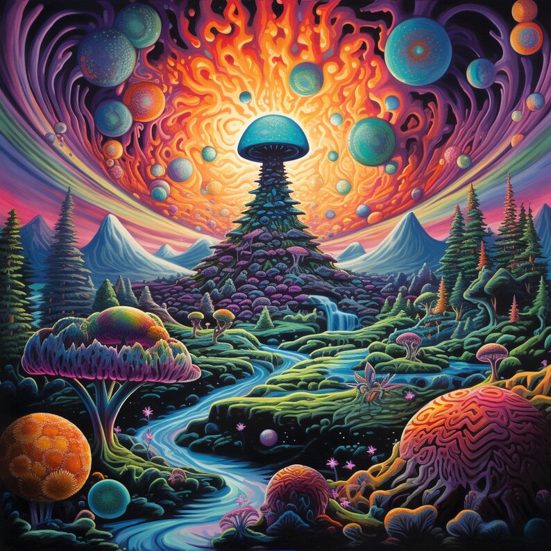 Op de afbeelding: Een psychedelisch schilderij van een paddenstoelvormige berg met een waterval die langs de zijkant naar beneden stroomt. De berg is omgeven door een levendig bos met kleurrijke bomen en bloemen. De lucht is gevuld met draaiende wolken en gloeiende bollen.