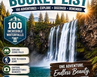 Lista delle cascate da visitare / Tracker delle 100 avventure / Diario di escursionismo (PDF e PPT modificabile)