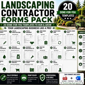 Peut inclure: Un pack numérique de 20 formulaires pour entrepreneurs paysagistes incluant des devis, bons de travail et factures. Le visuel présente du texte vert et blanc, des icônes et des aperçus de documents, disponibles aux formats PDF et Word.