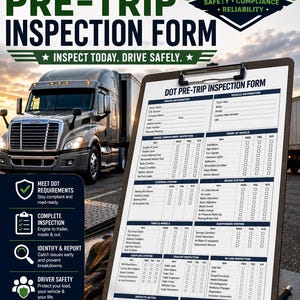 May include: A DOT Pre-Trip Inspection Form on a clipboard with a pen, featuring sections for driver and vehicle information, engine, steering, brake, tire, suspension, coupling, and trailer systems, plus a driver certification and maintenance review.
