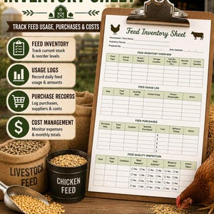 Puede incluir: Una hoja de inventario de alimento impresa en papel sujeta a un portapapeles de metal. El formulario incluye secciones para resumen de inventario, registro de uso, compras y control de calidad, con iconos de un pollo y una vaca.