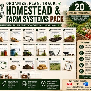 May include: A digital homestead and farm systems pack featuring 20 printable templates for organization. The graphic includes text labels for trackers like chicken egg, feed inventory, and garden planning, alongside icons of farm tools and produce.