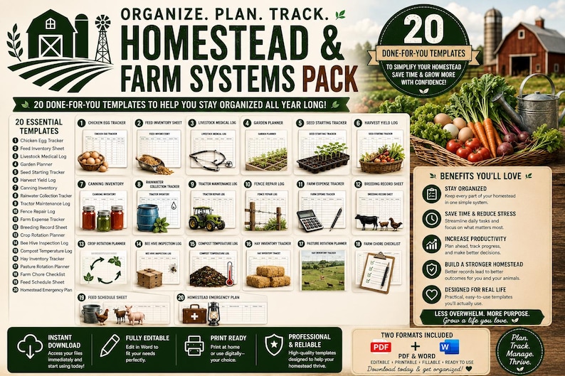 May include: A digital homestead and farm systems pack featuring 20 printable templates for organization. The graphic includes text labels for trackers like chicken egg, feed inventory, and garden planning, alongside icons of farm tools and produce.