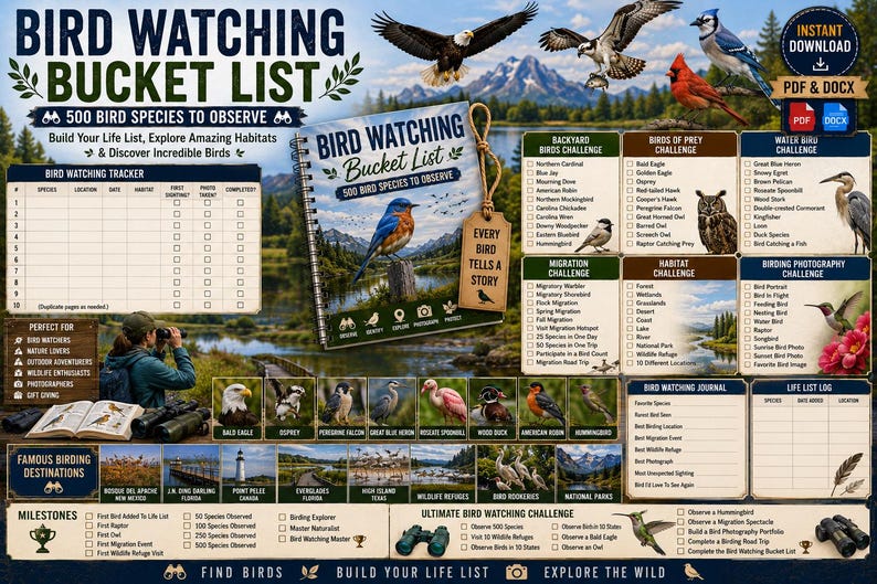Bird Watching Bucket List Printable | 500 Bird Species Life List ...