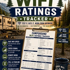 Könnte beinhalten: Ein Campground WiFi Ratings Tracker Dokument auf einem Klemmbrett mit Abschnitten für Campingplatzinformationen, WiFi-Verfügbarkeit, Verbindungsqualität und Zuverlässigkeitsbewertungen, inklusive Kontrollkästchen und Sternbewertungen zur Internetanalyse.