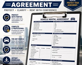 Vehicle Rental Agreement | Printable PDF, Editable Word Contract (Instant Download)