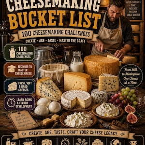 Op de afbeelding: Een poster getiteld Cheesemaking Bucket List met 100 uitdagingen voor het maken van kaas. De afbeelding toont diverse soorten kaas, waaronder blauwe kaas, zachte kazen en verse wrongel, samen met druiven en vijgen op een houten ondergrond.