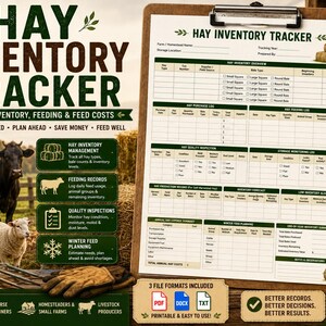 May include: A printed Hay Inventory Tracker form on a clipboard, featuring sections for hay overview, purchase logs, feeding records, quality inspections, storage monitoring, production records, inventory forecasts, and annual expense summaries.