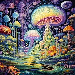 Op de afbeelding: Een psychedelisch schilderij van een bos met kleurrijke paddenstoelen en gloeiende bollen. De paddenstoelen zijn in verschillende vormen en maten aanwezig, sommige hebben een organischere, vloeiende vorm. De achtergrond is donkerblauw met draaiende patronen.