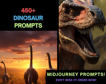 May include: A digital illustration of a dinosaur with an open mouth, showing sharp teeth. The dinosaur is brown and red with a green background. The text "MIDJOURNEY PROMPTS! DON'T MISS IT! ORDER NOW!" is at the bottom of the image.