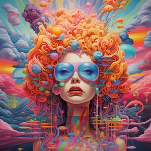 Op de afbeelding: Een kleurrijke, psychedelische illustratie van een vrouw met groot, krullend oranje haar die een blauwe zonnebril draagt. De achtergrond is een levendige mix van roze, blauw en groen met draaiende patronen en abstracte vormen.
