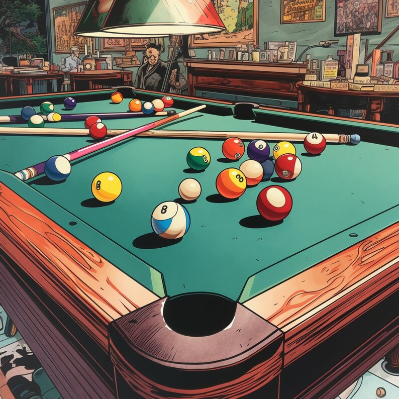 May include: A green felt pool table with a set of billiard balls, two cues, and a rack of balls. The table has wooden rails and a brown felt base.