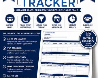 Modello di Lead Tracker / CRM per le vendite, PDF e DOCX (Download immediato)