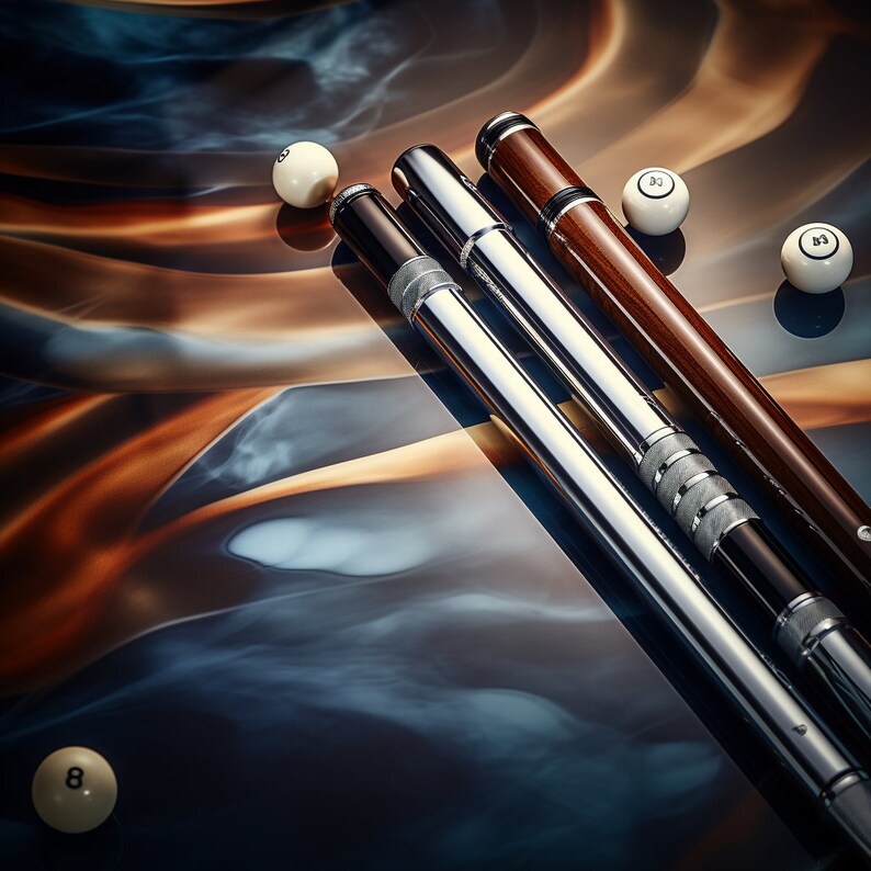 May include: Three pool cues, two silver and one brown, lay on a blue and brown marbled surface with white billiard balls scattered around them.