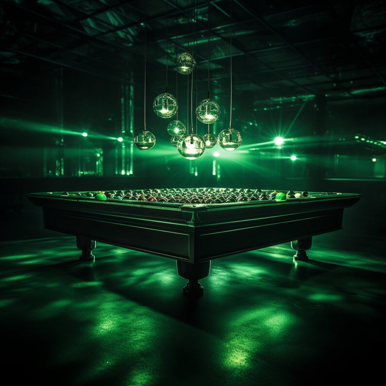 May include: A green felt pool table with a set of billiard balls, illuminated by a series of hanging disco ball lights.