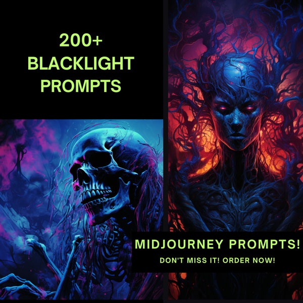 Plus de 200 invites d’affiches Midjourney Blacklight - Téléchargement instantané - Plongez dans un art vibrant - Enflammez votre imagination néon