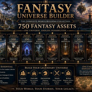 May include: A digital product titled Fantasy Universe Builder featuring 750 fantasy assets. The graphic displays categories including characters, locations, creatures, quest hooks, encounters, events, artefacts, factions, taverns, and religions.