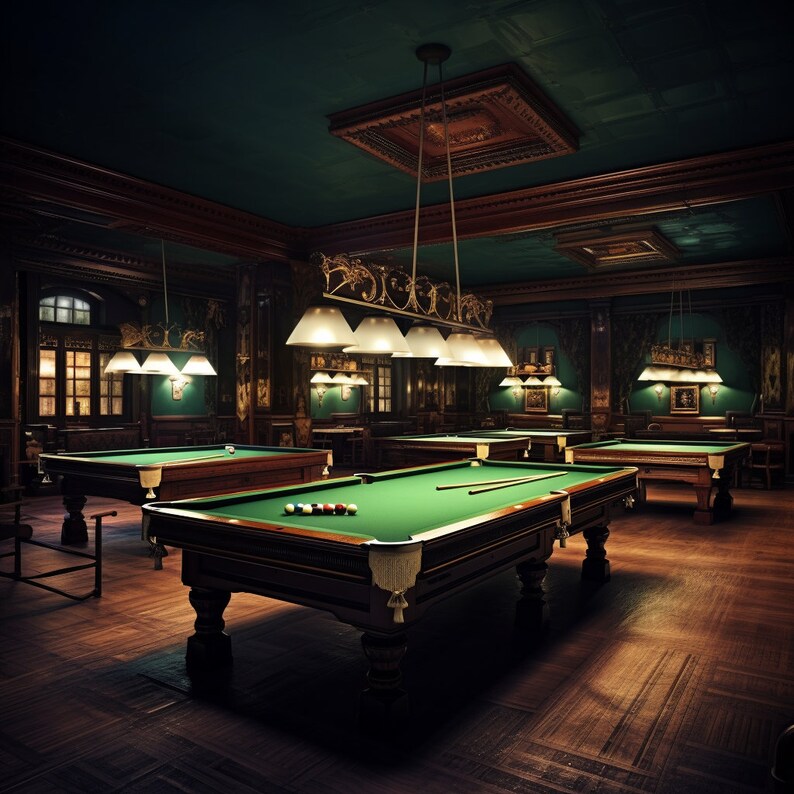 May include: A dimly lit room with three green felt pool tables, each with a set of billiard balls. The room has dark wood paneling and a chandelier with multiple light bulbs.