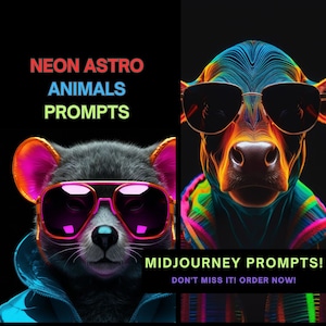 Puede incluir: Dos ilustraciones de animales de colores neón con gafas de sol. La primera es un mapache con orejas rosas y una chaqueta azul. La segunda es una vaca con una bufanda arcoíris. El texto dice "NEON ASTRO ANIMALS PROMPTS" y "MIDJOURNEY PROMPTS! DON'T MISS IT! ORDER NOW!"