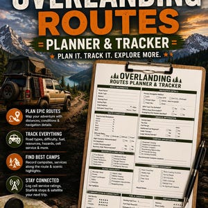 May include: An overlanding routes planner and tracker document on a clipboard with a pen, featuring sections for route information, navigation, vehicle details, camping, hazard assessment, communication, and trip evaluation with checkboxes.