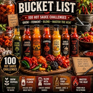 May include: A poster titled Hot Sauce Making Bucket List featuring 100 hot sauce challenges. It displays seven labeled hot sauce bottles, fresh peppers, and a notebook. Text includes Grow, Ferment, Blend, Master the Heat, and Build Skills. Explore Flavors.