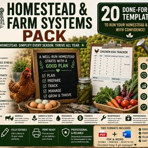 May include: A digital product pack titled Homestead & Farm Systems Pack featuring 20 templates. The graphic includes a chicken, a basket of eggs, a chalkboard sign with text, a chicken egg tracker, a jar of pickles, and fresh garden vegetables.