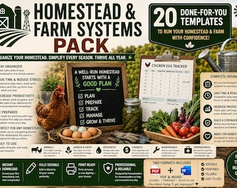 Ensemble d'agendas Homestead | Formulaires de gestion de ferme, planificateur de jardin et suivi du bétail | PDF