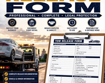 Tow Release Form | Vehicle, Fees, Condition Documentation (PDF, Word)