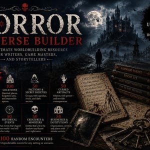 May include: A digital horror universe builder resource featuring 675 unique assets for writers and game masters. The graphic displays text including Horror Universe Builder, 100 characters, locations, story hooks, and a stack of books with a key.